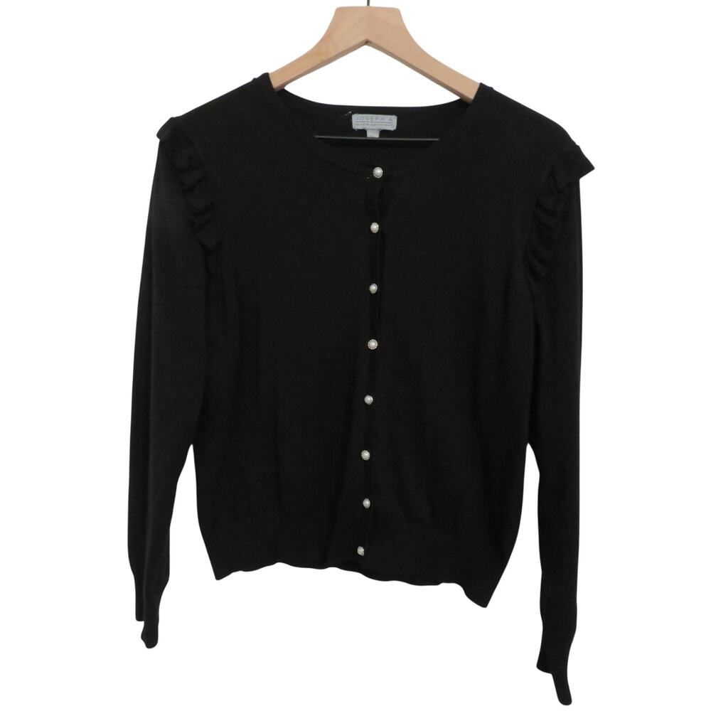 Joseph A. Women Sz XL Black Button Front Cardigan Sweater Ruffle Shoulder Detail